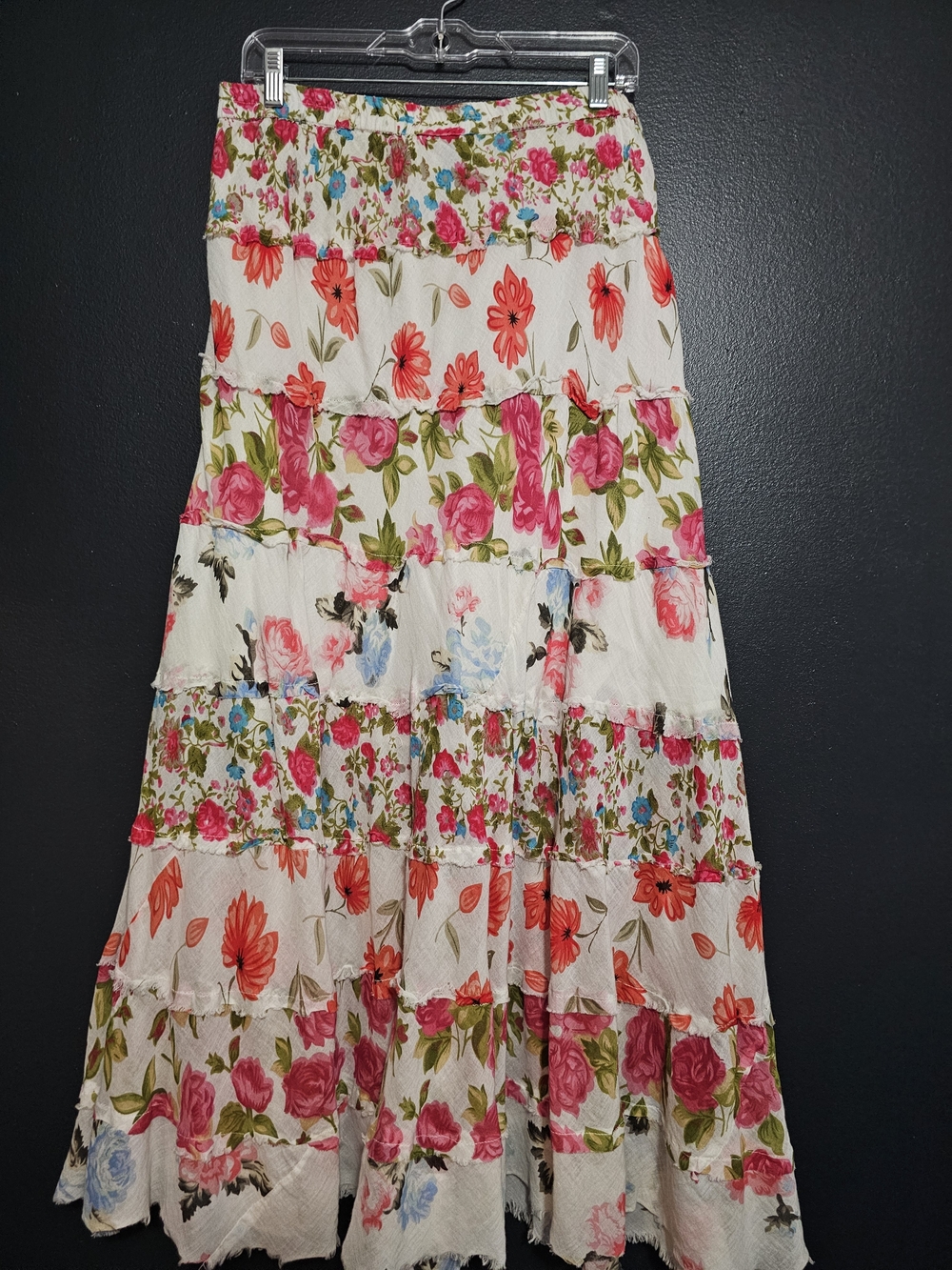 Floral Tiered Maxi Skirt in Ivory with Pink & Coral Flowers